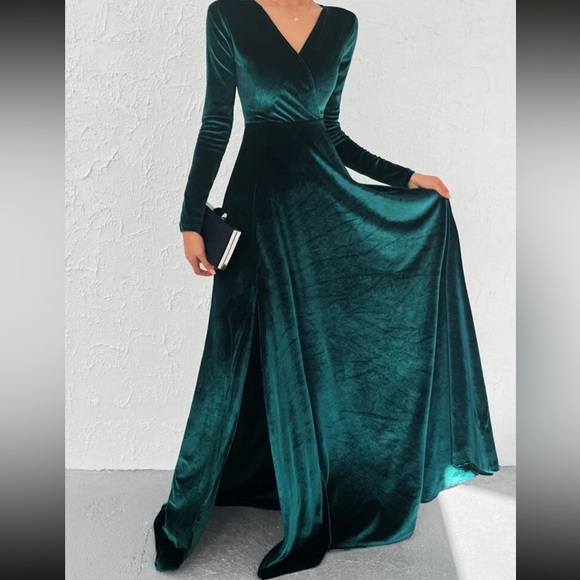 Luxe slit thigh long sleeve party formal evening prom wedding gown dress - Picture 13 of 16